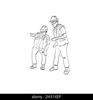 Construction engineers discussion illustration vector isolated on white background line art. Stock Vector