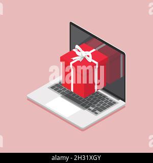 Gift box on laptop screen isometric view. Vector illustration Stock Vector