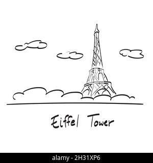 line art Eiffel tower with sky and clouds illustration vector isolated on white background Stock Vector