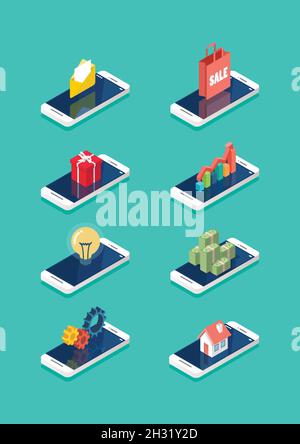 Technology elements on the smartphone screen isometric collection. Vector illustration Stock Vector
