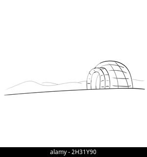 Igloo in snowfield with snowy mountain background with copyspace illustration vector isolated on white background line art. Stock Vector