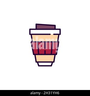 Coffee in a takeaway paper cup. Pixel perfect, editable stroke colorful line art icon Stock Vector