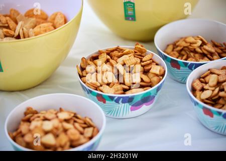 Party table snacks finger buffet Cheese savouries Stock Photo