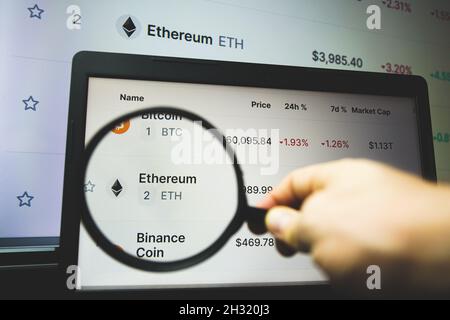 Ethereum cryptocurrency on market. Ethereum is a decentralized, open-source blockchain with smart contract functionality. Stock Photo
