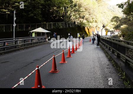 Kijimadaira , Nagano, Japan, 2021-24-10 , traffic controlled during theTarudaki event (rare waterfall) or Taru Waterfall in Kijimadaira. It is a once Stock Photo