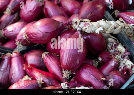 Italy, Street Market, Display of Tropea  Red Onions Stock Photo