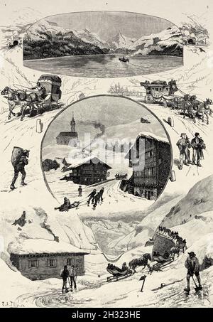 Views and characters of St. Gotthard by José Luis Pellicer y Fenyé (1842-1901) was a Spanish draftsman and painter. Old 19th century engraved illustration from La Ilustración Artística 1882 Stock Photo