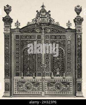 Iron gate to the house of the Austrian architect Otto Koloman Wagner (1841-1918) Old 19th century engraved illustration from La Ilustración Artística 1882 Stock Photo