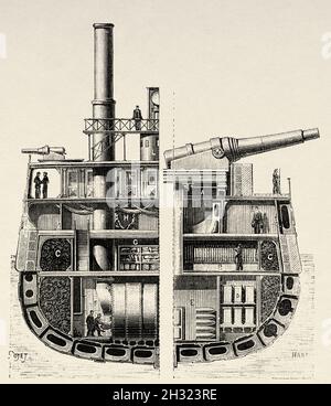 French ironclad Indomptable was an ironclad barbette ship built for the French Navy in the late 1870s and early 1880s. The main armament consisted of two 420 mm guns, France. Europe. Old 19th century engraved illustration from La Nature 1883 Stock Photo