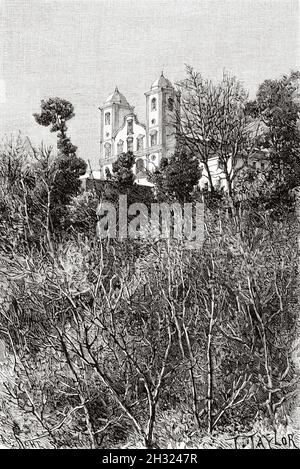 Our Lady of the Mount. Igreja de Nossa Senhora do Monte Church in Monte near Funchal, Madeira Island, Portugal. Europe. Old 19th century engraved illustration Madeira Island by Marquis Degli Albizzi from Le Tour du Monde 1889 Stock Photo