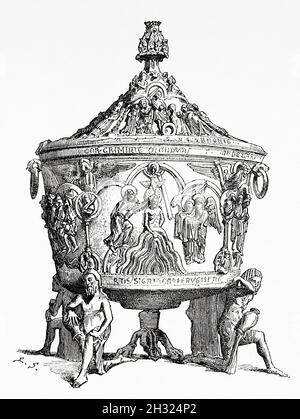 The baptismal font of Dome, Hildesheim, Lower Saxony. Germany, Europe. Old 19th century engraved illustration, trip to Hildesheim by E del Monte 1888  from Le Tour du Monde 1889 Stock Photo