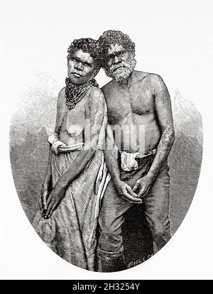 Townsville Native Australian Indian man and woman. Queensland, Australia. Old 19th century engraved illustration, Journey to Northeast Australia by Carl Lumholtz 1880-1884 from Le Tour du Monde 1889 Stock Photo