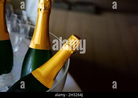 closeup of Champagne in wine chiller with defocusses champagne glasses and black background Stock Photo