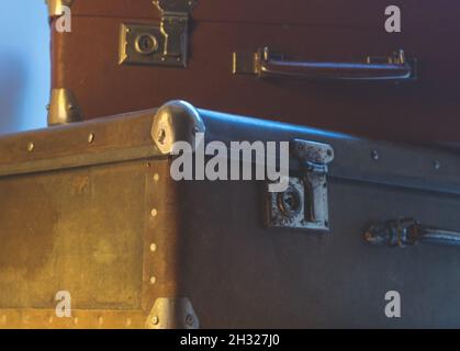 Vintage old classic travel leather suitcases 1950s. Travel luggage concept. Retro style filtered photo Stock Photo