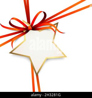 EPS 10 vector illustration of red colored ribbon bow and gift band with shape of a golden star pendant for christmas greetings isolated on white backg Stock Vector