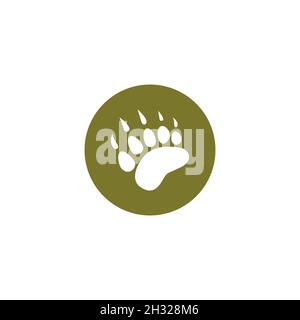 black bear trace silhouette in green circle. Vector flat illustration. polar bear paw footprint, footstep isolated on white Stock Vector