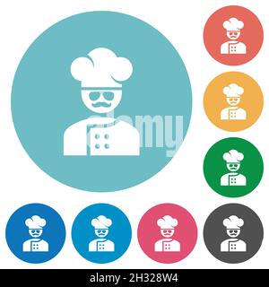 master chef with glasses and mustache flat white icons on round color backgrounds Stock Vector