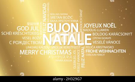 Word cloud with text Merry Christmas in different languages, in the middle one oversized and bold written in Italian Stock Vector