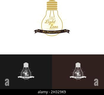 Bulb lamp icon logo element with a sun bright ribbon template design Stock Vector