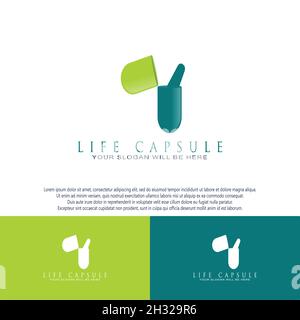 Modern medicine healthy pharmacy capsule monogram logo design Stock Vector