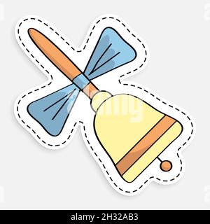 cartoon icon of doodle ringing school bell with wooden handle. Call to lesson. September 1, beginning of school year. Vector isolated on white backgro Stock Vector