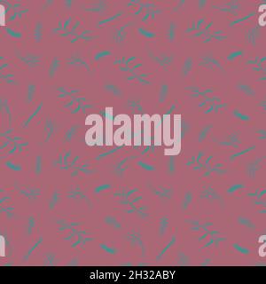 Ditsy floral seamless pattern. Sea turtle green plants on Pinkish red pastel background. Stock Vector