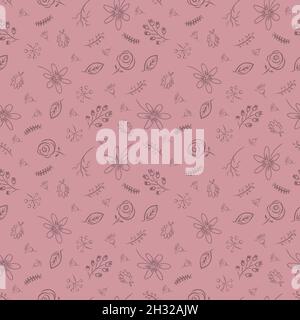 Ditsy floral seamless pattern. Pinkish red pastel flowers on Dusty rose background. Stock Vector