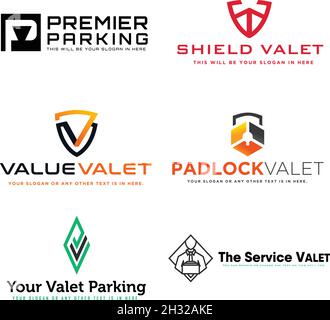 Modern business service parking safety shield padlock logo design Stock Vector