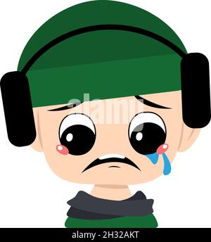 Child with crying and tears emotion, sad face, depressive eyes in green hat with headphones. Cute kid with melancholy expression in autumnal or winter headdress and scarf. Adorable baby with emotions Stock Vector