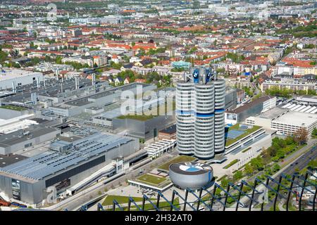 Munich, Germany April 30 2016. BMW building museum located near the Olympiapark. Aerial views of the sorounding area Stock Photo
