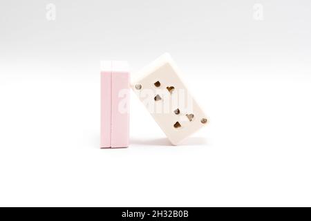 Two electrical AC power plugs and sockets, isolated on white background. Stock Photo