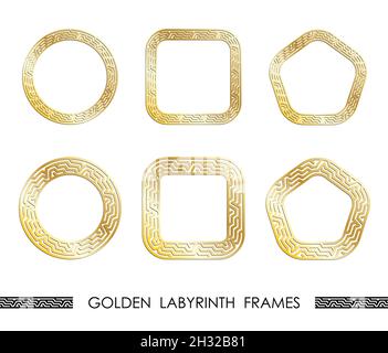 Set of golden LABYRINTH round and square frames for decorative headers. Golden ancient greek ornaments isolated on white background. Vector Stock Vector