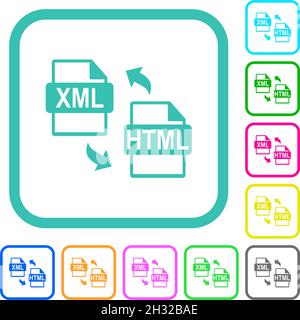 XML HTML file conversion vivid colored flat icons in curved borders on white background Stock Vector