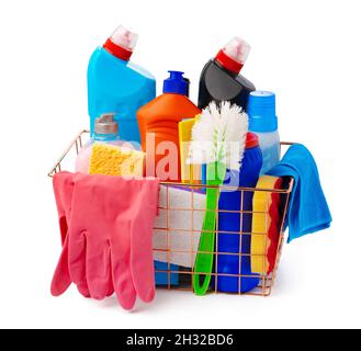Cleaning items in basket isolated on white background Stock Photo