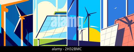 Set of posters with alternative energy sources. Placard designs in flat style. Stock Vector