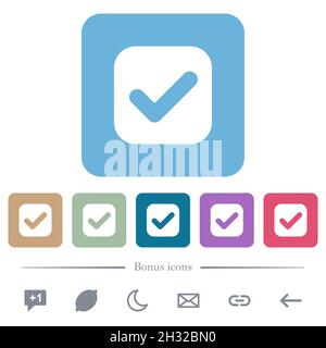 Checkbox solid white flat icons on color rounded square backgrounds. 6 bonus icons included Stock Vector