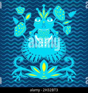 Yellow blue frog with crown on a pond with lilies and leaves. Decor pattern. Paper cut flat style. Fabric decoration. Print for clothes. Textile Stock Vector
