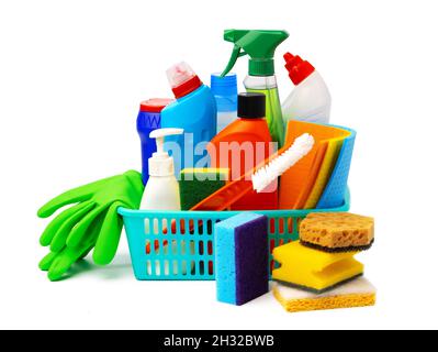 Cleaning items in basket isolated on white background Stock Photo