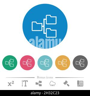 Shared folders outline flat white icons on round color backgrounds. 6 bonus icons included. Stock Vector