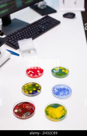 Close up of petri dish with bacteria and virus on desk. Examination tool for microscopic analysis in research laboratory. Glassware trays filled with colorful substance or dna for development Stock Photo