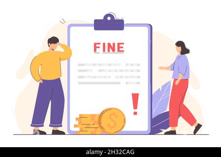 Flat people getting paper sheet with fine. Man and woman paying traffic bill, tax or parking fee. Penalty of money, debt or financial punishment from police. Stock Vector