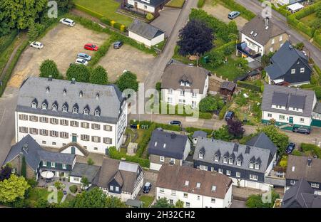 Aerial view, St. Clemens Parish Church, Old Monastery, former Cistercian abbey, houses municipal building office and music school, Drolshagen, Sauerla