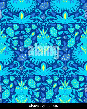 Blue green frogs with crowns on a pond with lilies and leaves. Seamless pattern. Paper cut flat style. Fabric decoration. Print for clothes. Textile Stock Vector
