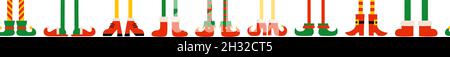 Shoes and boots for elves feet. Santa Claus helpers. Seamless pattern, endless border, decorative Christmas holiday brush with feet and legs. Elf Stock Vector