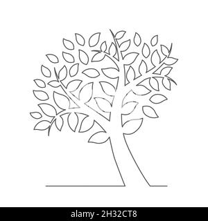 Tree in the style of one line drawing on a white background. Tree black ...