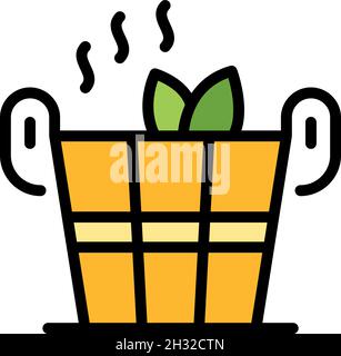 Wooden bucket and leaves icon. Outline wooden bucket and leaves vector icon color flat isolated Stock Vector