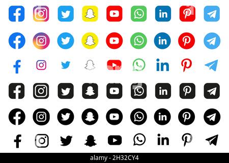 Facebook, twitter, instagram, youtube, snapchat, pinterest, whatsap, linkedin, periscope, vimeo - Collection of popular social media logo.  Stock Vector