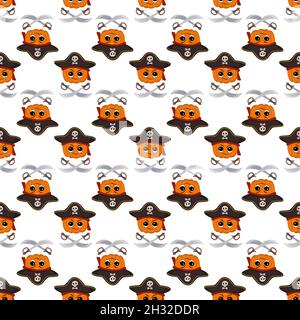 Seamless pattern with pumpkin character with emotions and face in captain cocked hat and crossed sabers. Halloween party decoration print Stock Vector