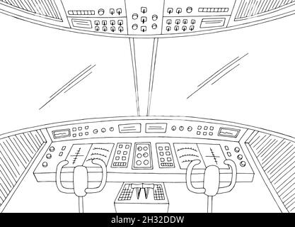 Aircraft cabin interior graphic black white sketch illustration vector Stock Vector