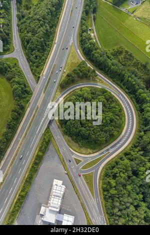 Aerial view, motorway junction Drolshagen, motorway A45 with petrol station and tree roundabout, Germinghausen, Drolshagen, Sauerland, North Rhine-Wes